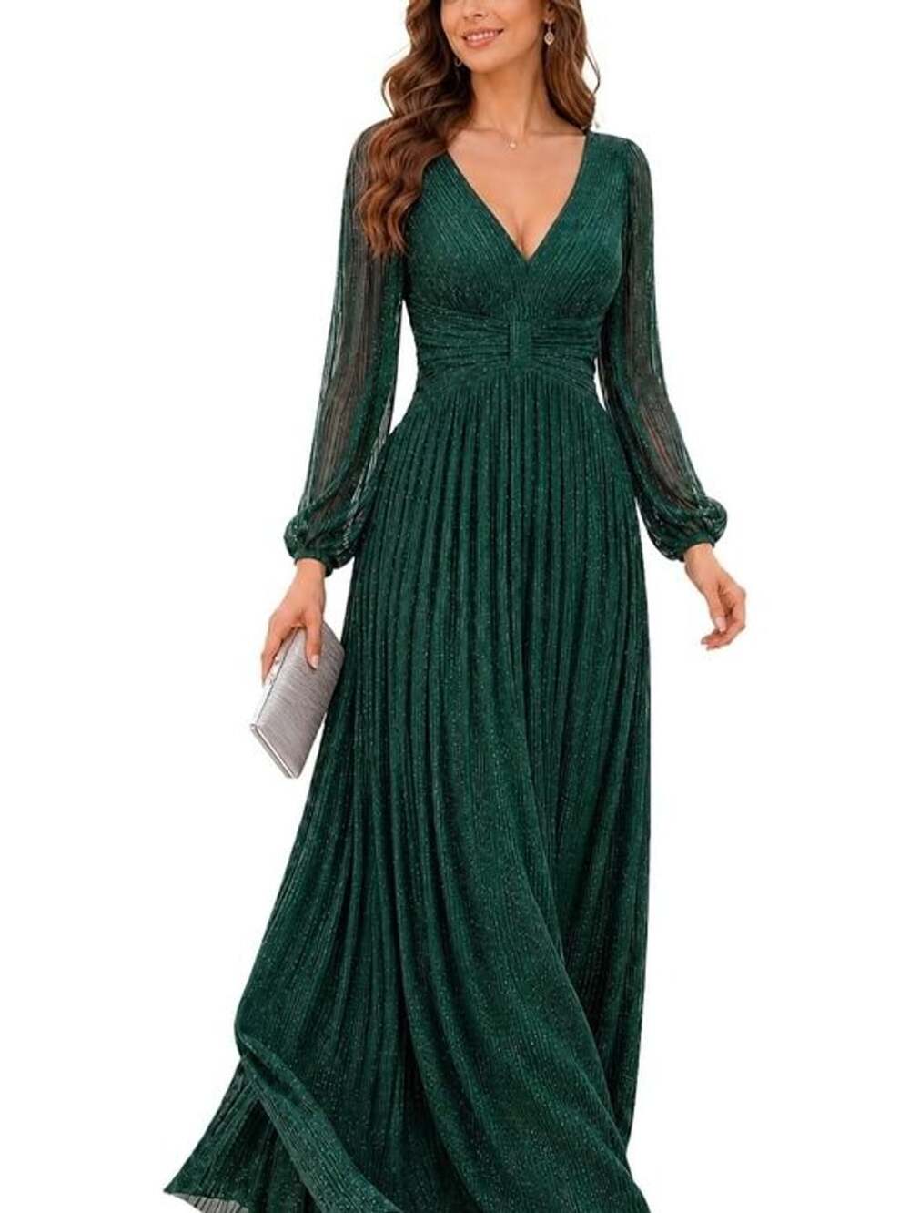 Ever-Pretty Plus Size Metallic Long Sleeve V-Neck Pleated Evening Gown 4X
